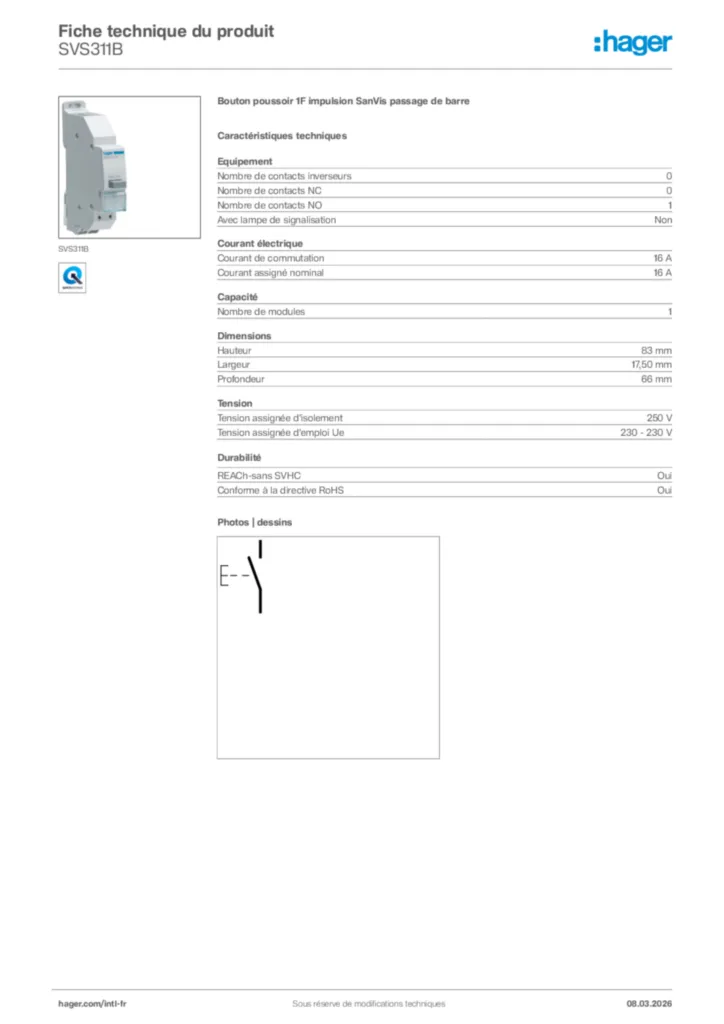Image Hager Fiche technique du produit SVS311B | Hager Afrique