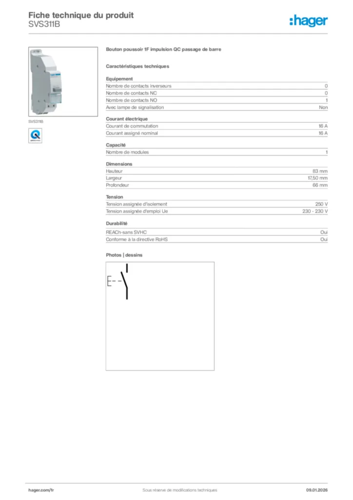 Image Hager Fiche technique du produit SVS311B | Hager France