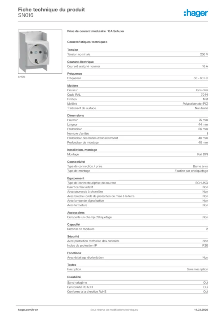 Image Hager Fiche technique du produit SN016 | Hager Suisse