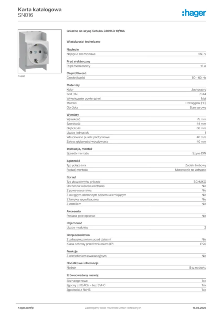 Zdjęcie Hager Karta katalogowa SN016 | Hager Polska