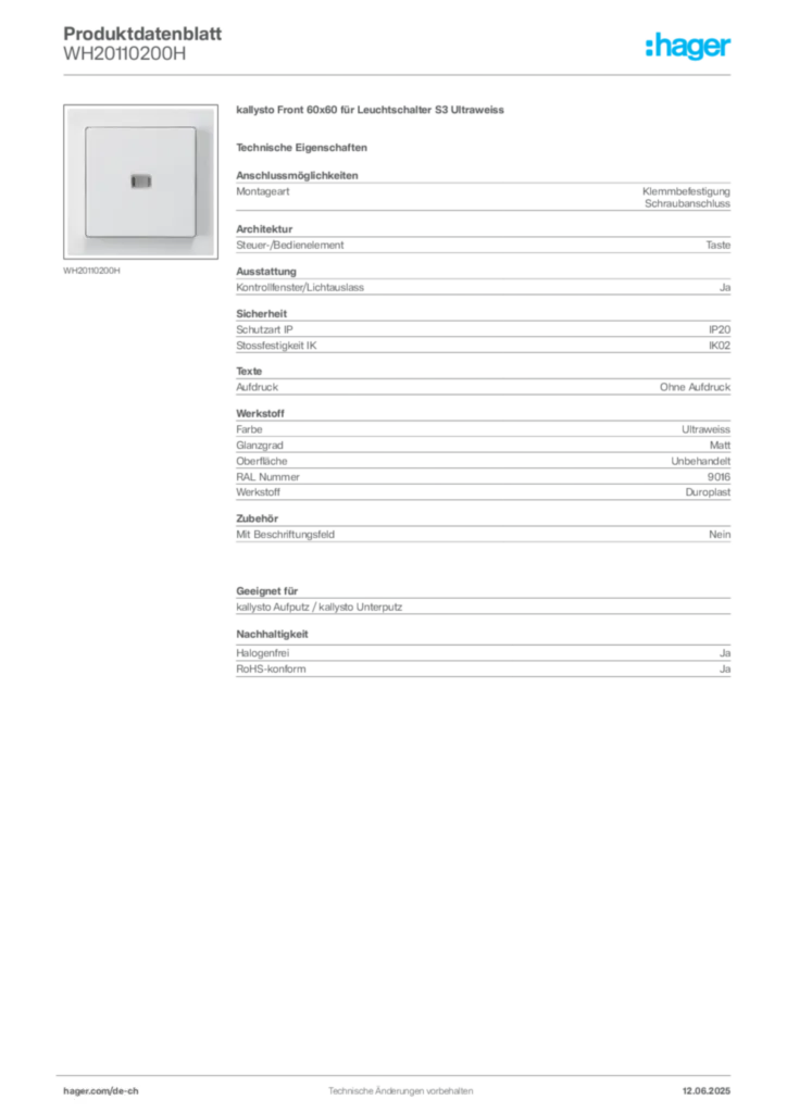 Bild Hager Produktdatenblatt WH20110200H | Hager Schweiz