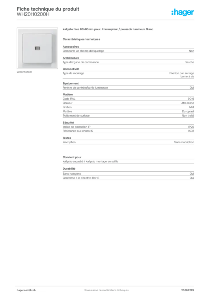 Image Hager Fiche technique du produit WH20110200H | Hager Suisse