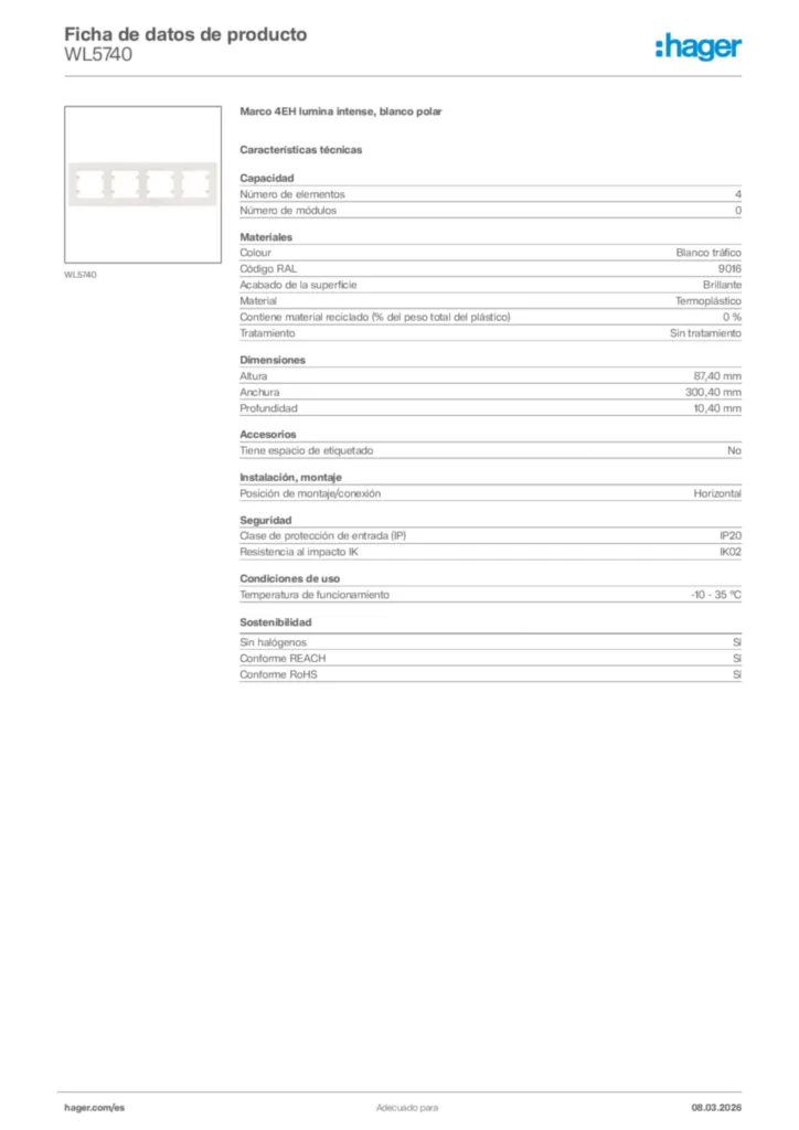 Imagen Hager Ficha de datos de producto WL5740 | Hager España