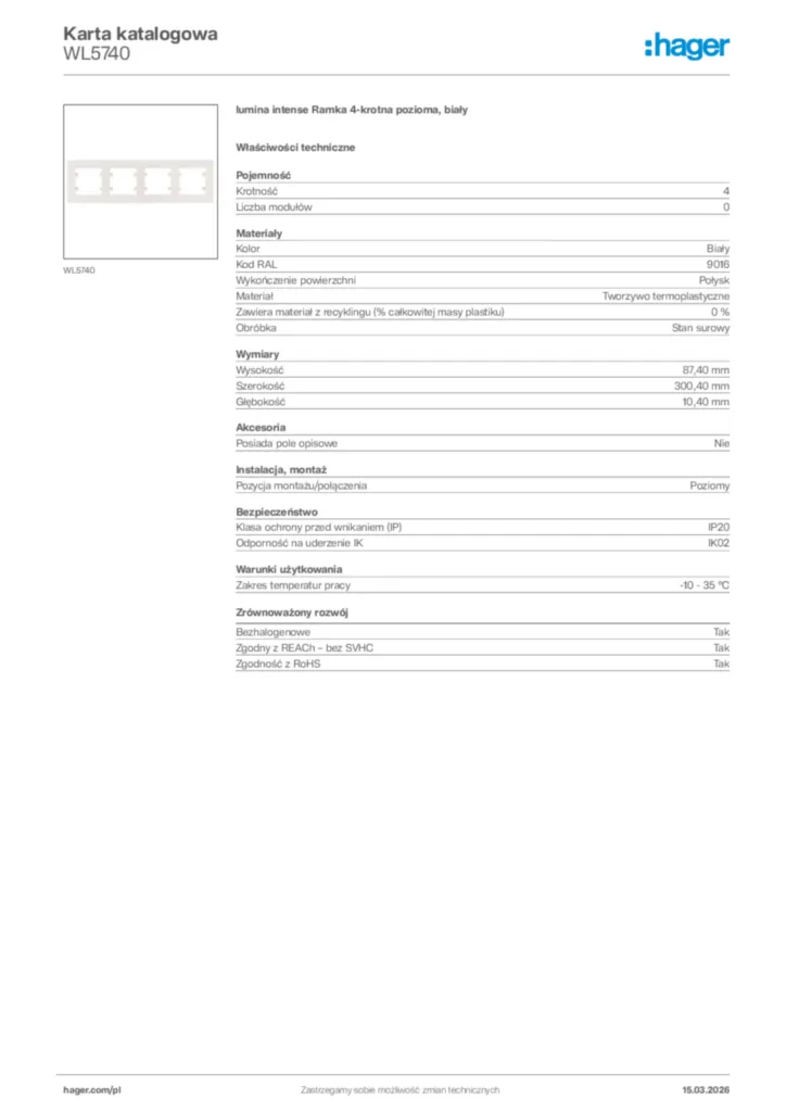 Zdjęcie Hager Karta katalogowa WL5740 | Hager Polska