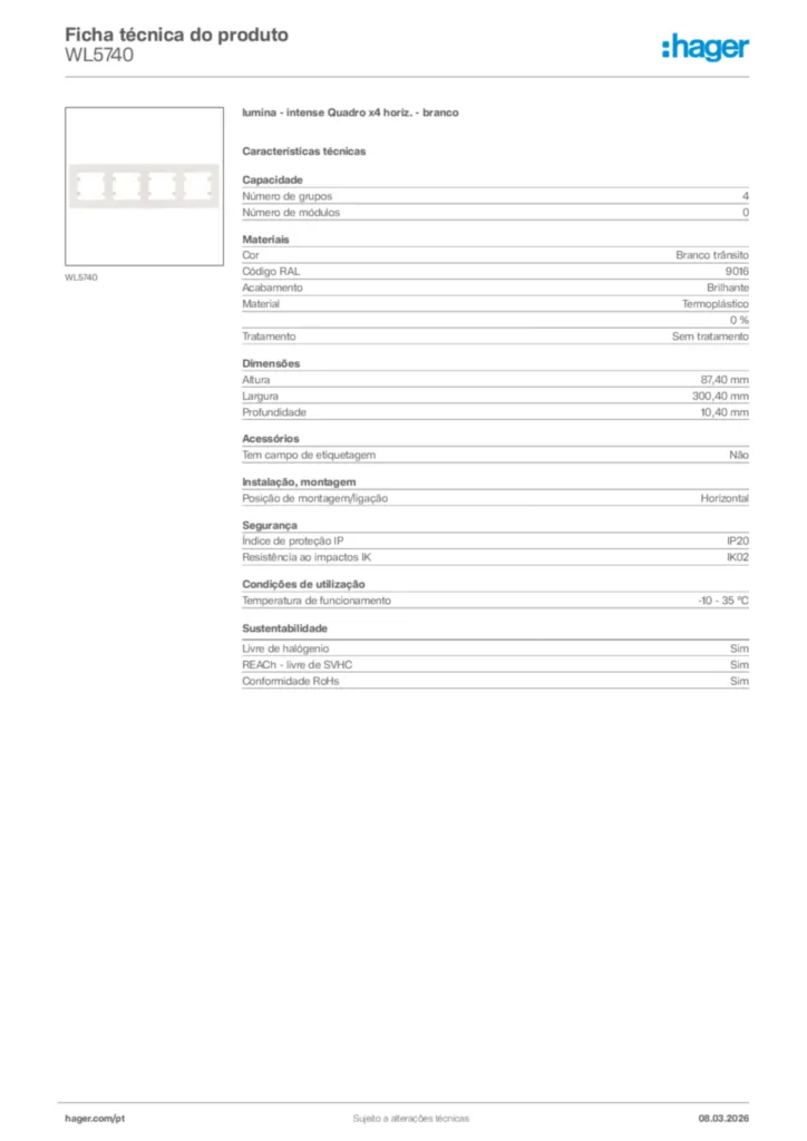 Imagem Hager Ficha técnica do produto WL5740 | Hager Portugal