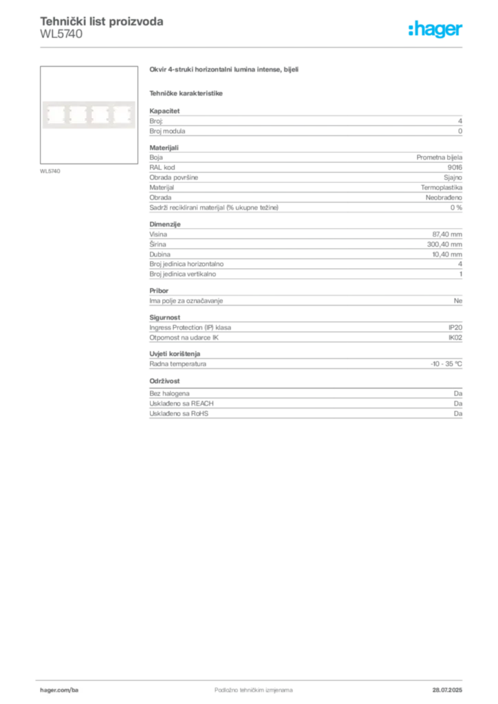 Slika Hager Product data sheet WL5740  | Hager