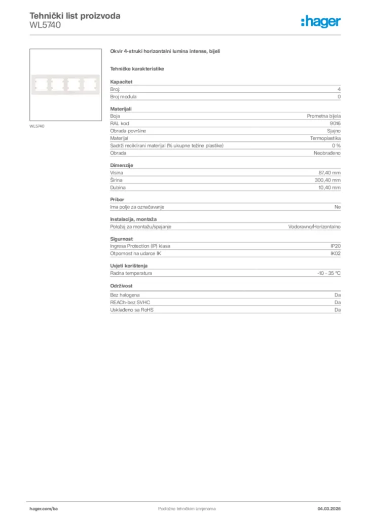 Slika Hager Tehnički list proizvoda WL5740  | Hager