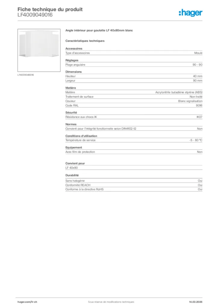 Image Hager Fiche technique du produit LF4009049016 | Hager Suisse