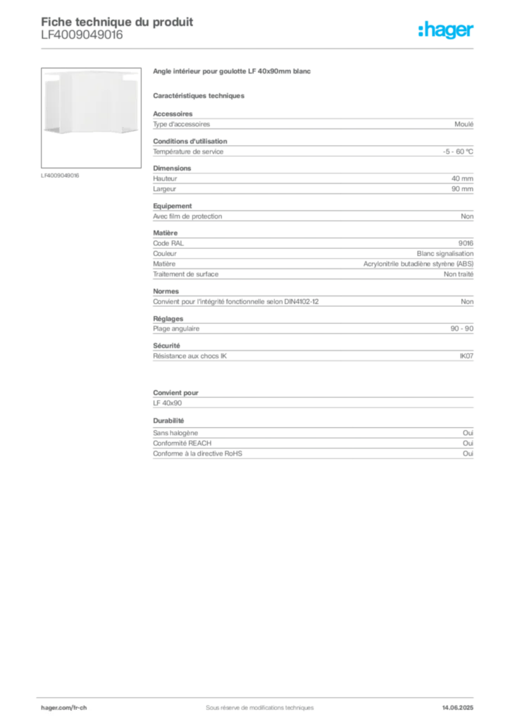 Image Hager Fiche technique du produit LF4009049016 | Hager Suisse