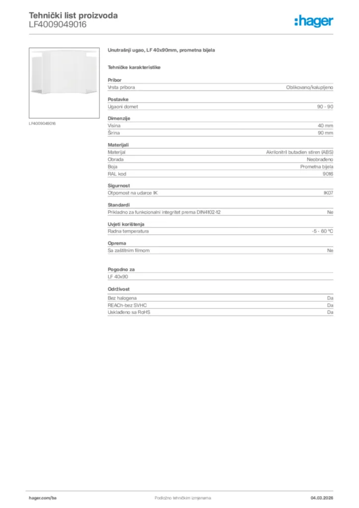Slika Hager Tehnički list proizvoda LF4009049016  | Hager
