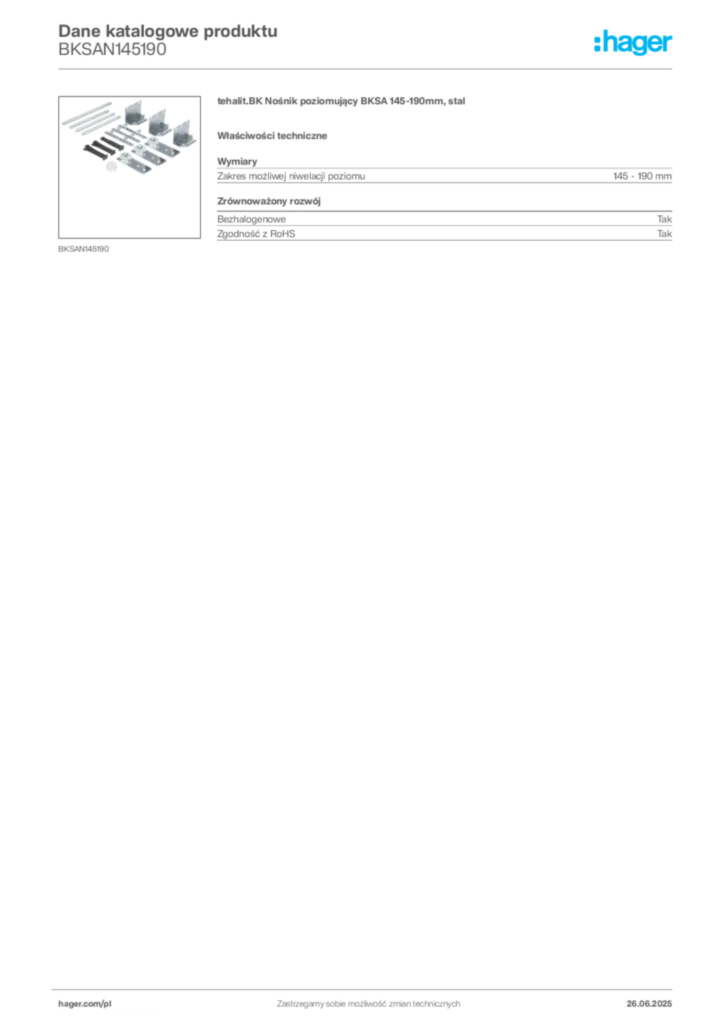 Zdjęcie Hager Karta katalogowa BKSAN145190 | Hager Polska