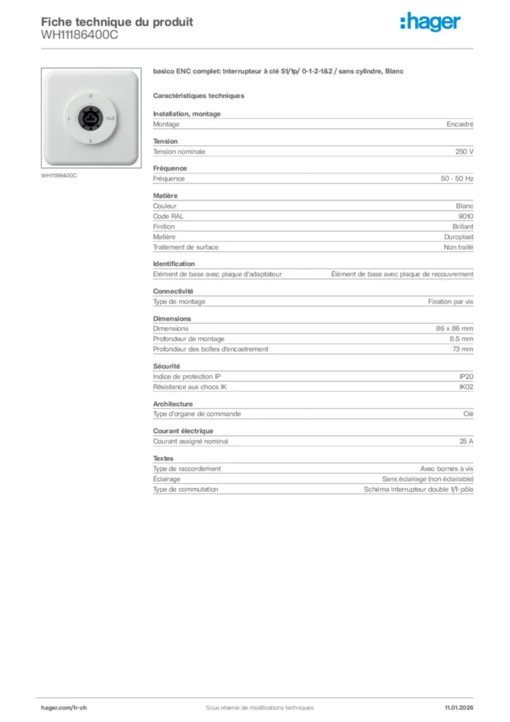 Image Hager Fiche technique du produit WH11186400C | Hager Suisse