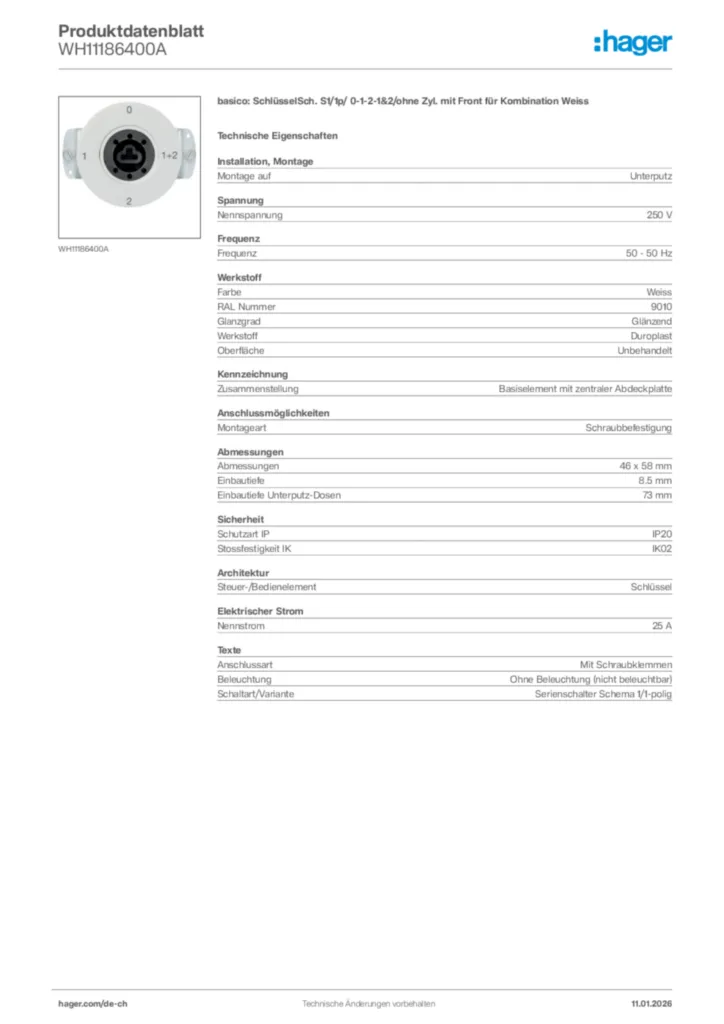Bild Hager Produktdatenblatt WH11186400A | Hager Schweiz