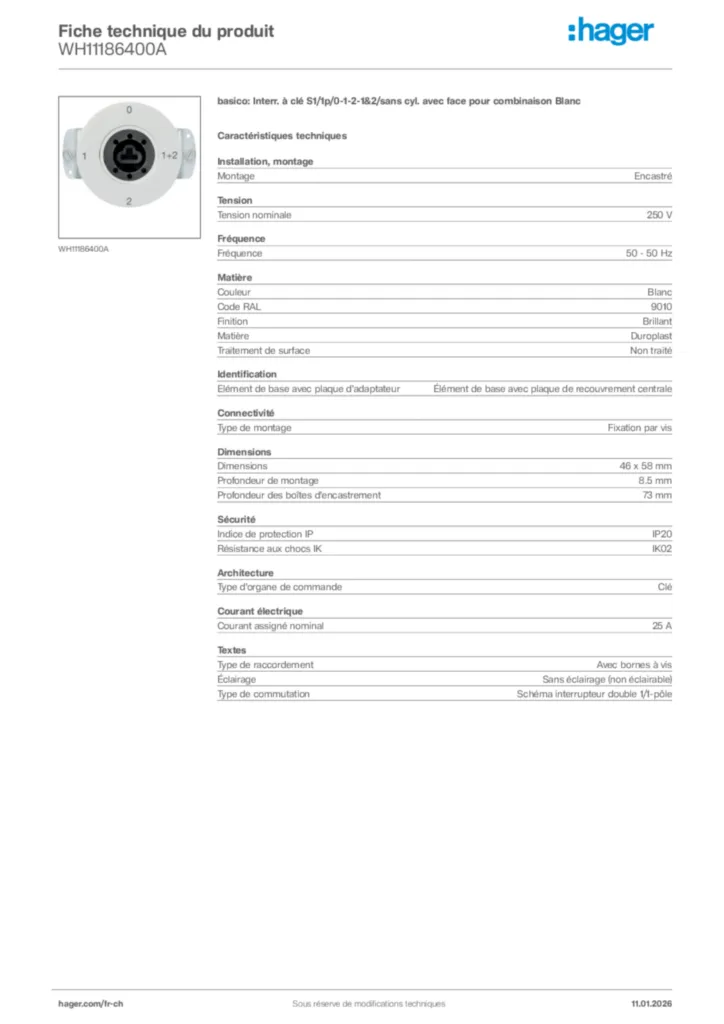 Image Hager Fiche technique du produit WH11186400A | Hager Suisse