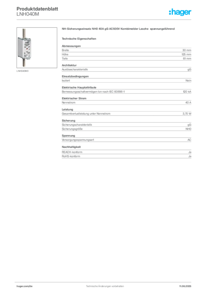 Hager Produktdatenblatt LNH040M