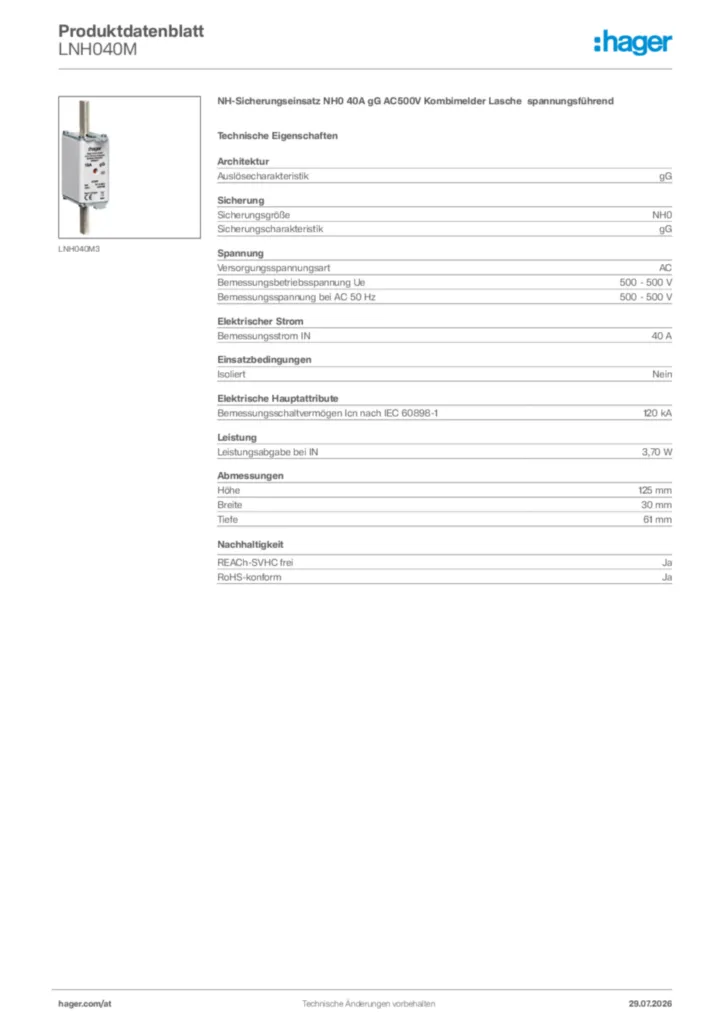 Bild Hager Produktdatenblatt LNH040M | Hager Deutschland