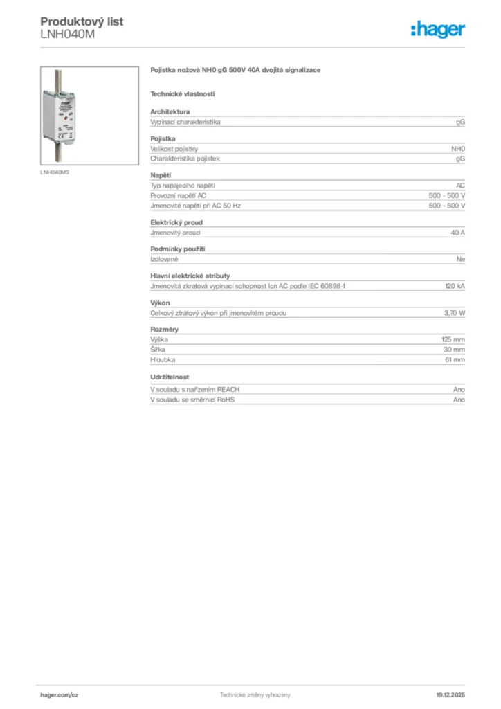 Obrázek Hager Produktový list LNH040M | Hager