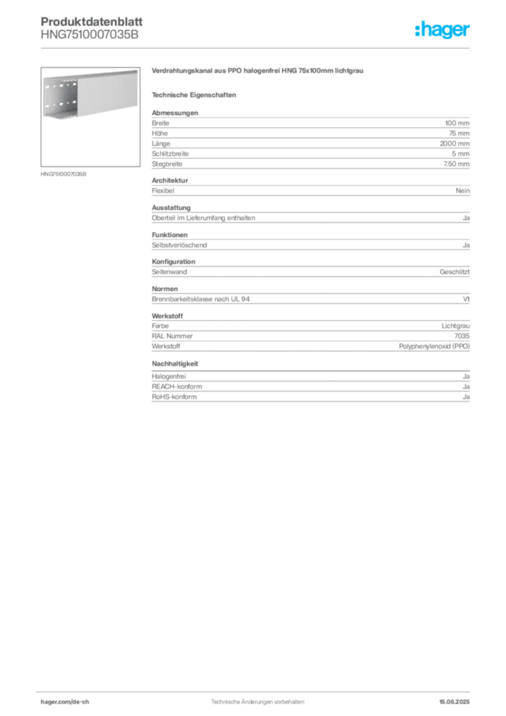 Bild Hager Produktdatenblatt HNG7510007035B | Hager Schweiz