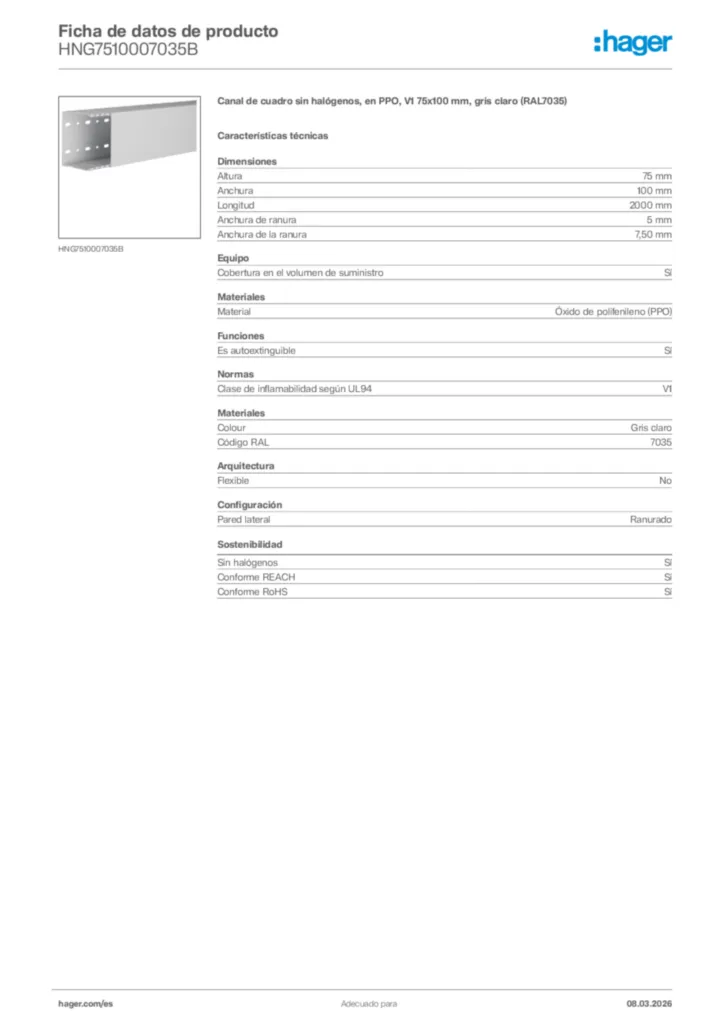 Imagen Hager Ficha de datos de producto HNG7510007035B | Hager España