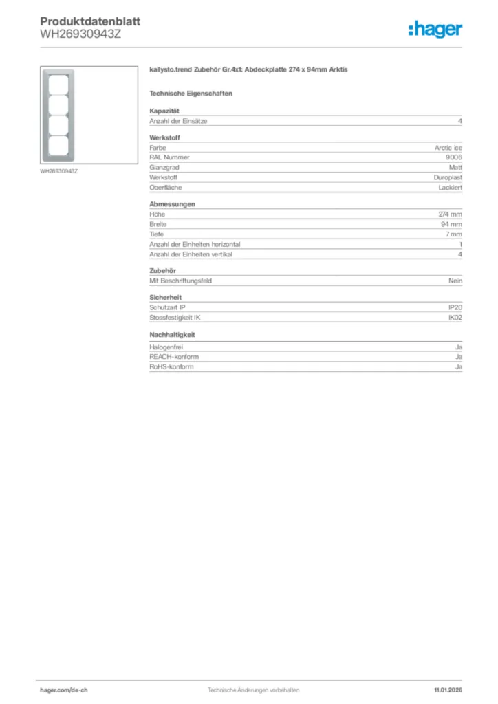 Bild Hager Produktdatenblatt WH26930943Z | Hager Schweiz