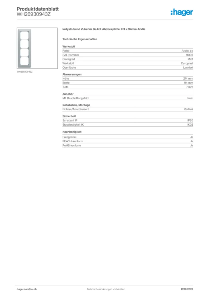 Bild Hager Produktdatenblatt WH26930943Z | Hager Schweiz