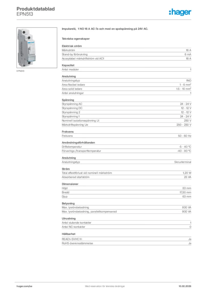 Bild Hager Produktdatablad EPN513 | Hager Sverige