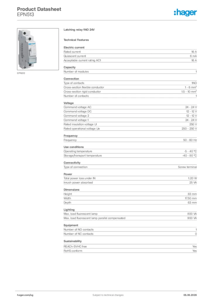 Image Hager Product data sheet EPN513  | Hager