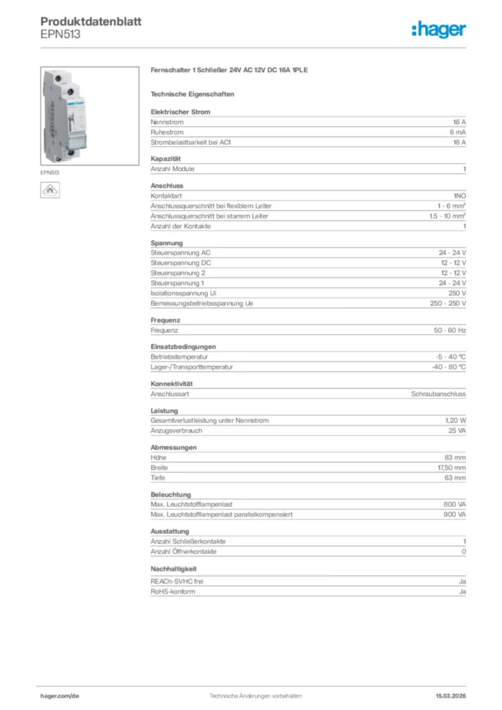 Bild Hager Produktdatenblatt EPN513 | Hager Deutschland