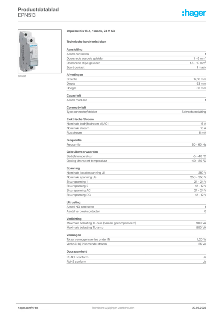 Afbeelding Hager Productdatablad EPN513 | Hager Belgium