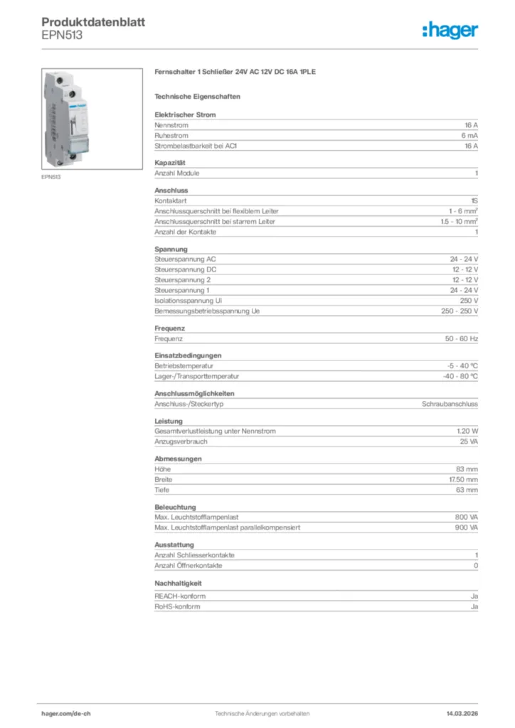Bild Hager Produktdatenblatt EPN513 | Hager Schweiz