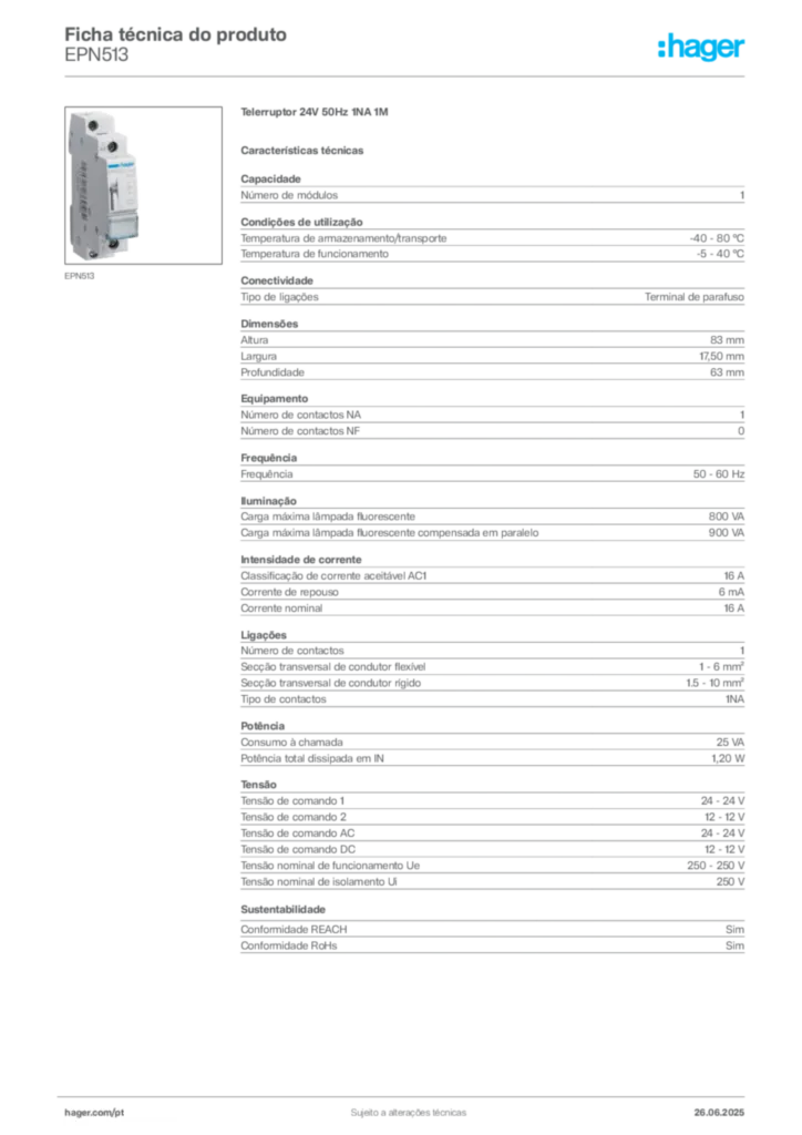 Imagem Hager Ficha técnica do produto EPN513 | Hager Portugal