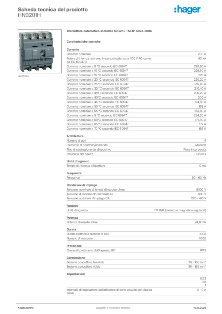 Immagine Hager Scheda tecnica del prodotto HNB201H | Hager Italia