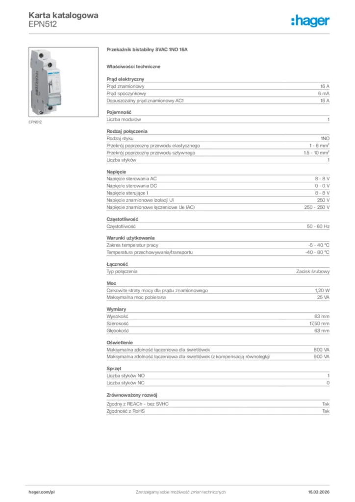 Zdjęcie Hager Karta katalogowa EPN512 | Hager Polska