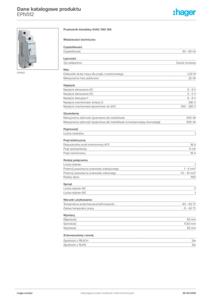 Zdjęcie Hager Karta katalogowa EPN512 | Hager Polska