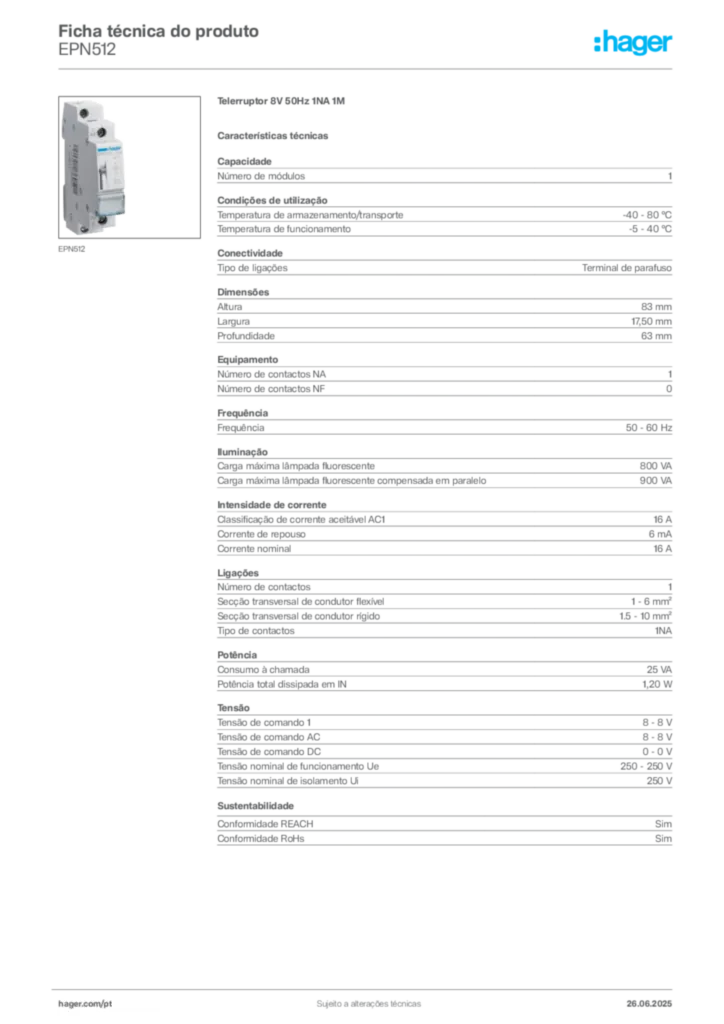 Imagem Hager Ficha técnica do produto EPN512 | Hager Portugal