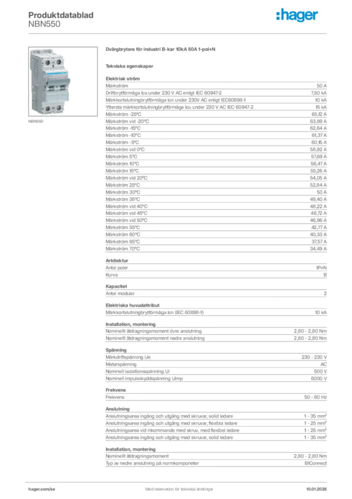Bild Hager Produktdatablad NBN550 | Hager Sverige