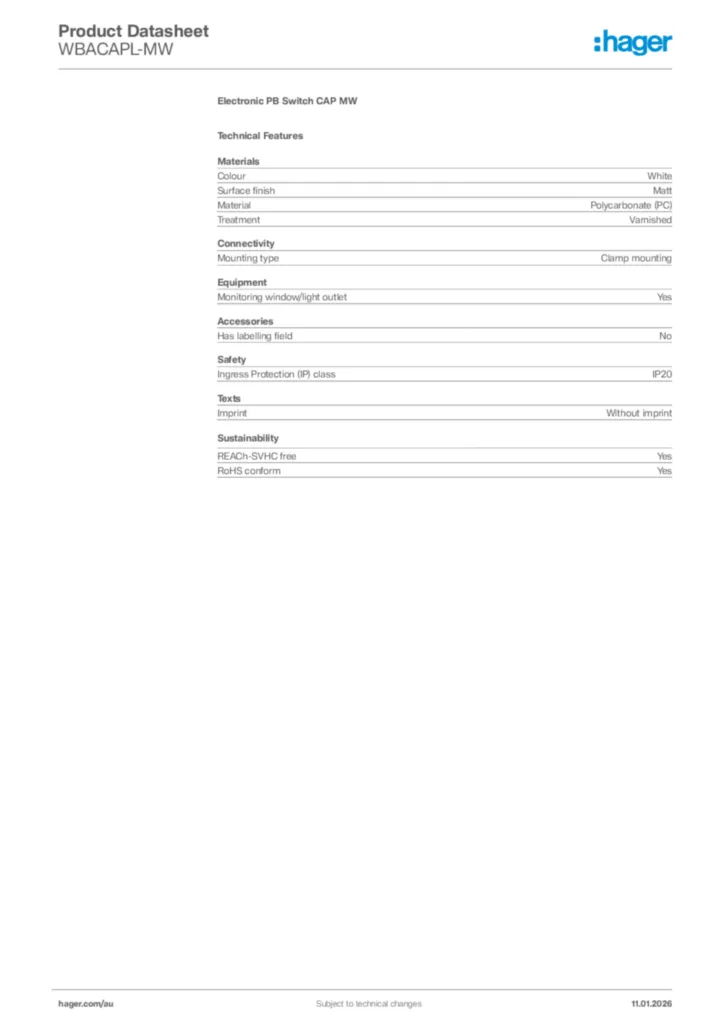 Image Hager Product data sheet WBACAPL-MW  | Hager Australia