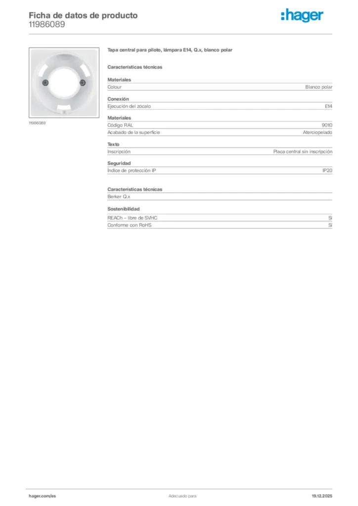 Imagen Hager Ficha de datos de producto 11986089 | Hager España