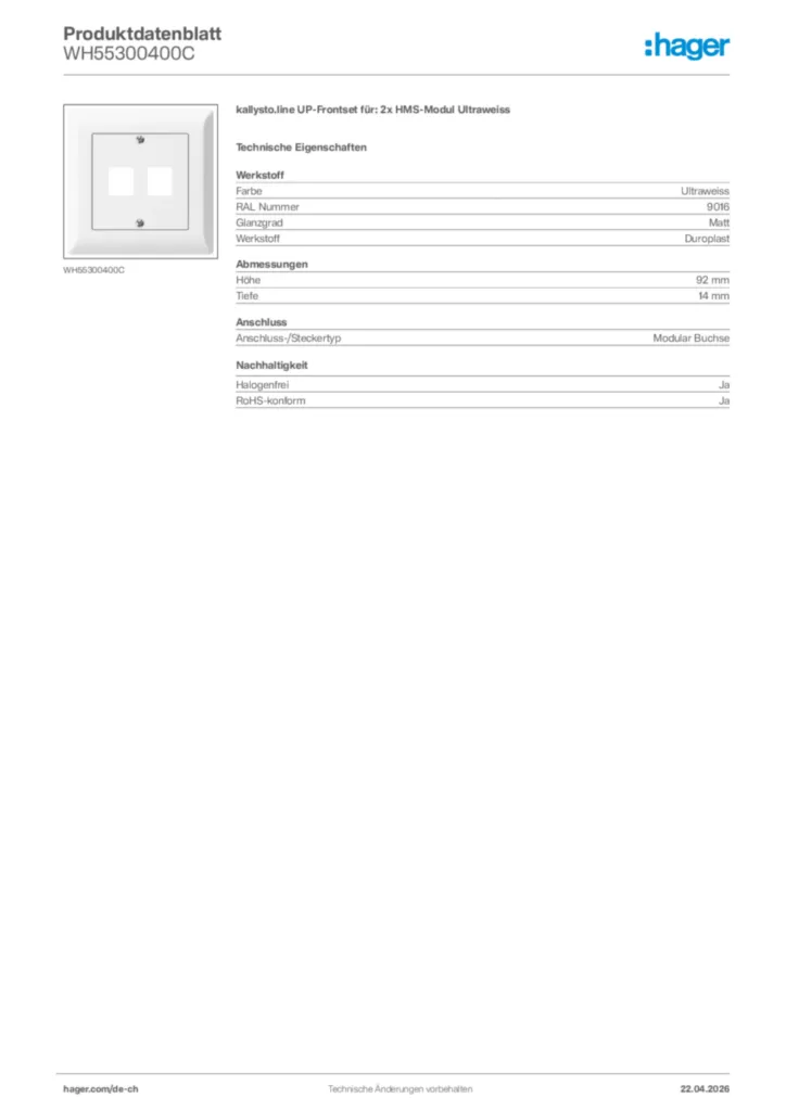 Bild Hager Produktdatenblatt WH55300400C | Hager Schweiz