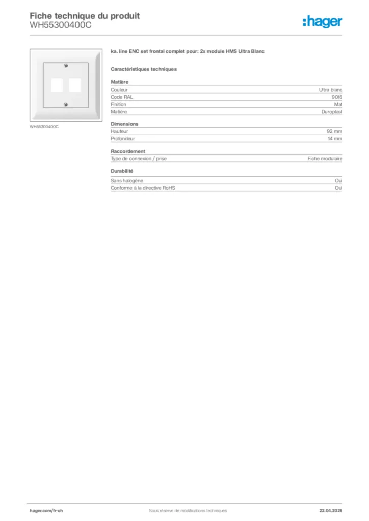 Image Hager Fiche technique du produit WH55300400C | Hager Suisse