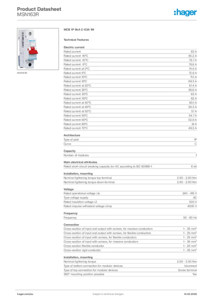Image Hager Product data sheet MSN163R  | Hager Australia