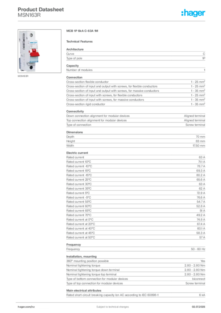 Image Hager Product data sheet MSN163R  | Hager New Zealand