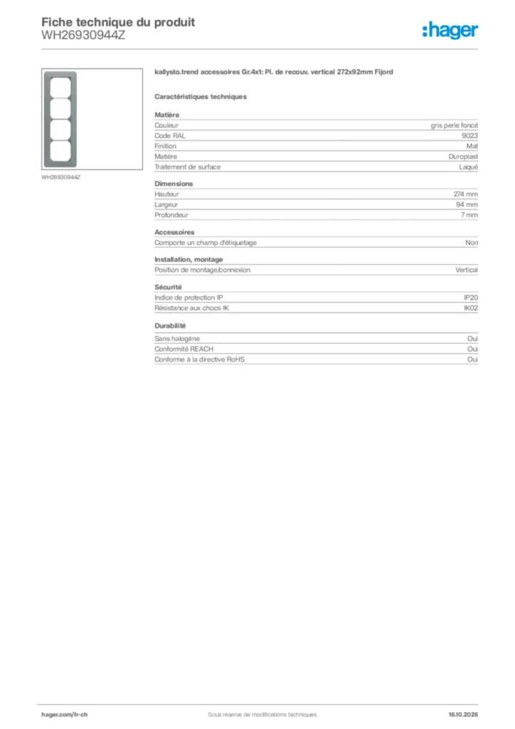 Image Hager Fiche technique du produit WH26930944Z | Hager Suisse