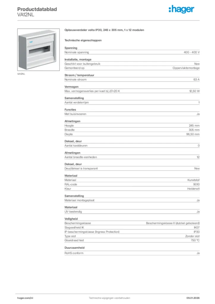 Afbeelding Hager Productdatablad VA12NL | Hager Nederland