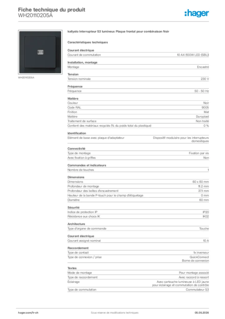 Image Hager Fiche technique du produit WH20110205A | Hager Suisse