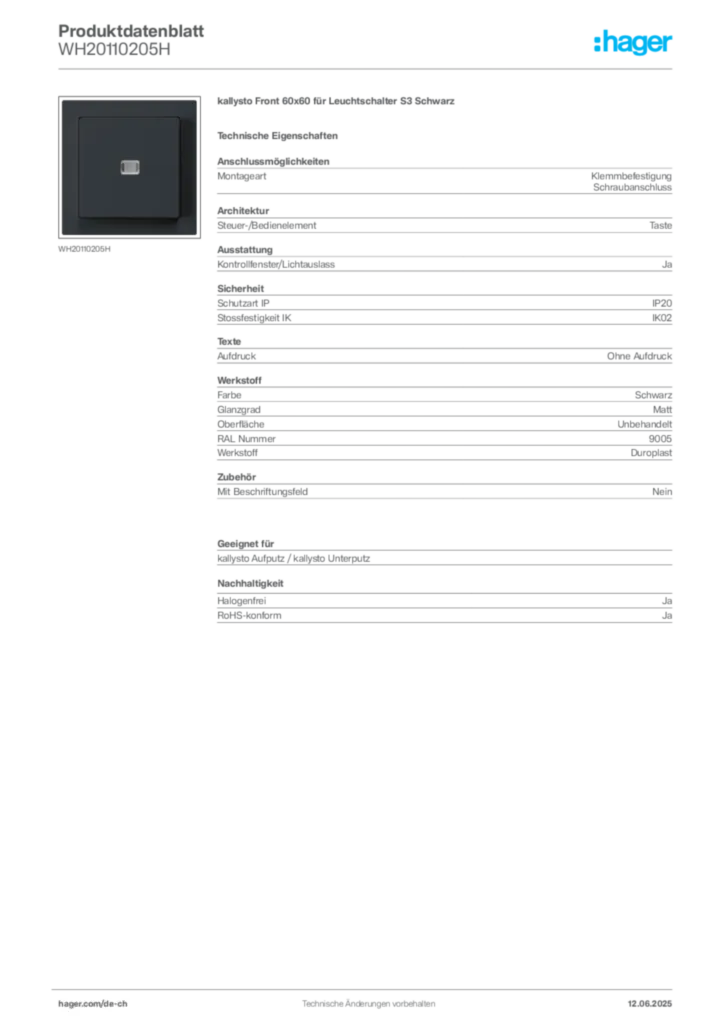 Bild Hager Produktdatenblatt WH20110205H | Hager Schweiz