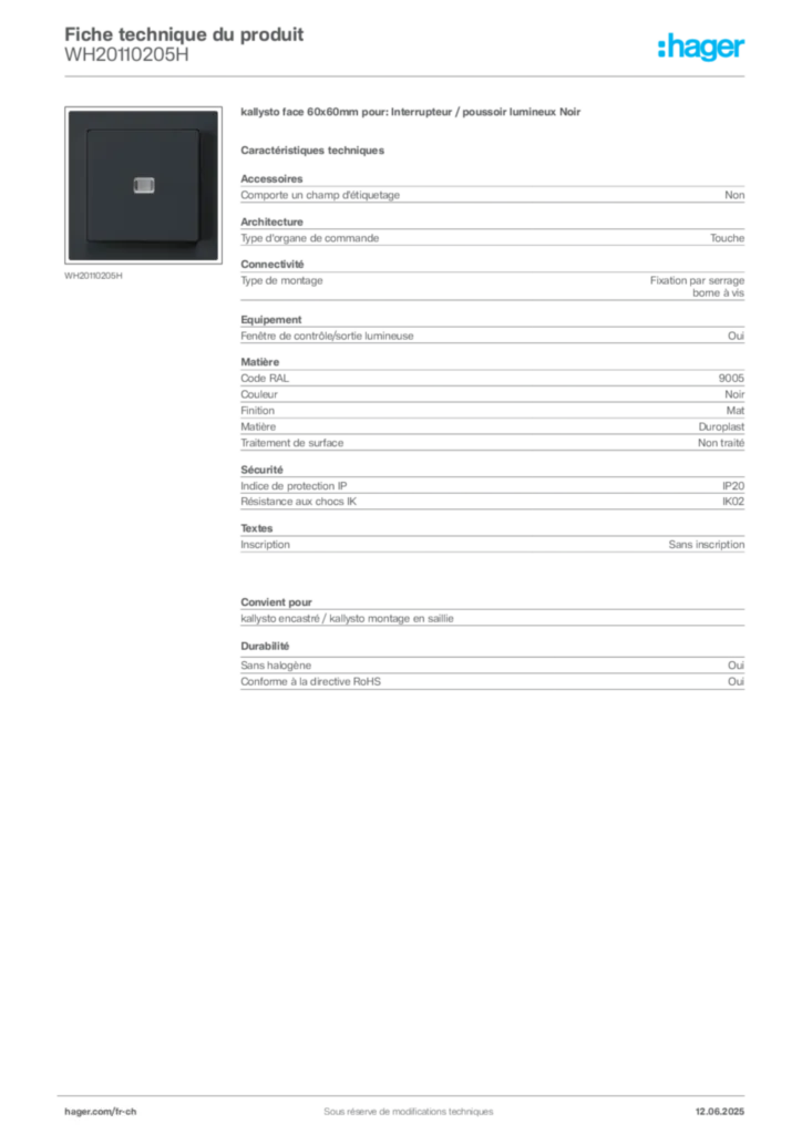 Image Hager Fiche technique du produit WH20110205H | Hager Suisse