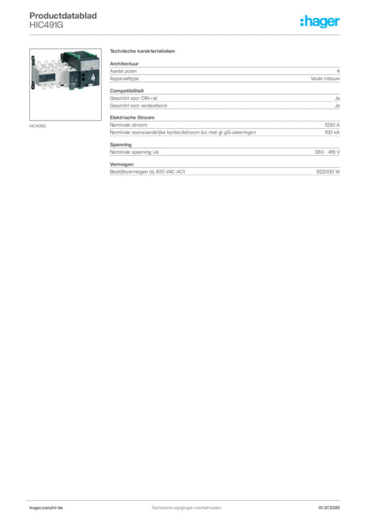 Afbeelding Hager Productdatablad HIC491G | Hager Belgium