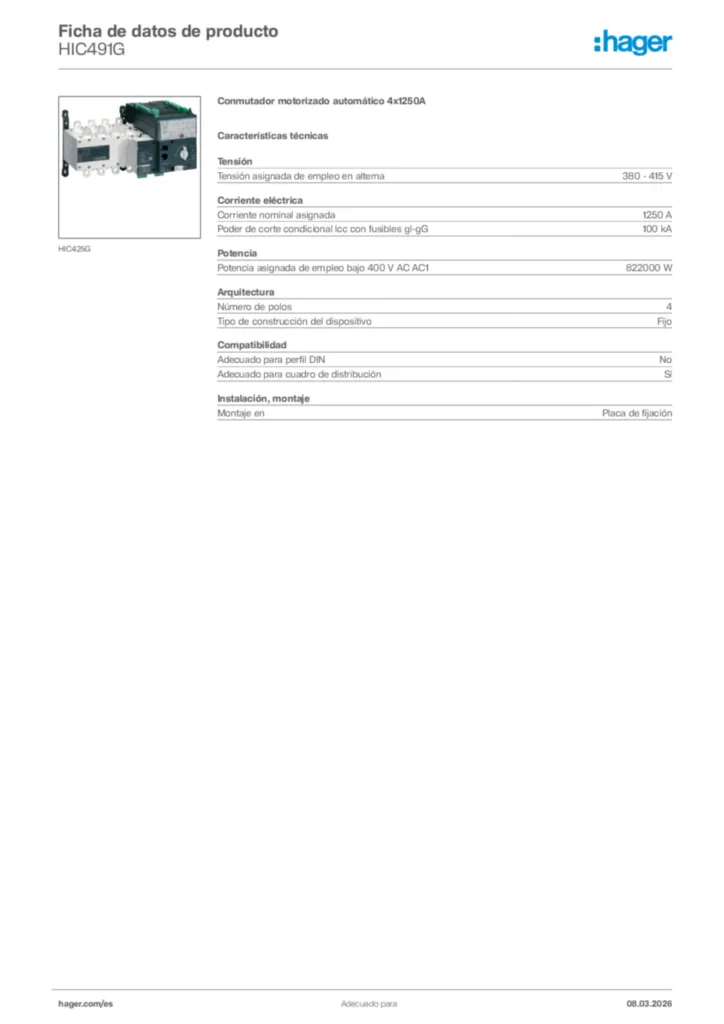 Imagen Hager Ficha de datos de producto HIC491G | Hager España