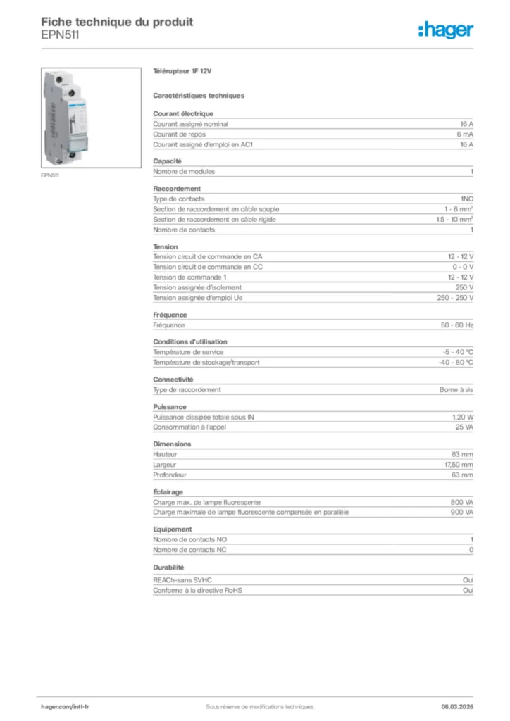 Image Hager Fiche technique du produit EPN511 | Hager Afrique